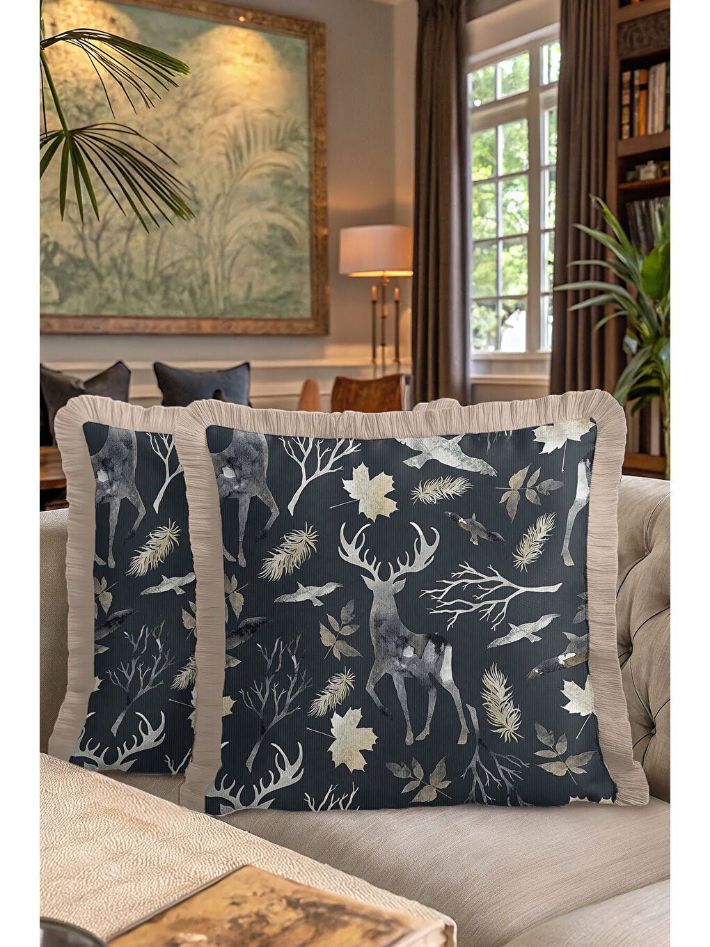 Karışık Zarif Orman Figürü Saçaklı Yastık Kılıfı - Naturel Rustik Siyah Altın Renkli Püsküllü Kırlent Kılıfı-7