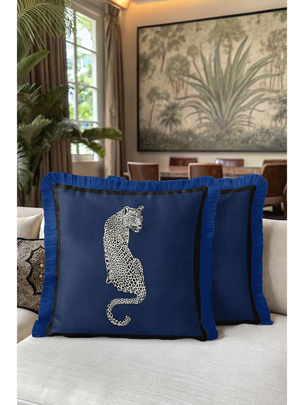 Karışık Leopar Figürlü Saçaklı Yastık Kılıfı - Lüks Vahşi Bohem Lacivert Püsküllü Kırlent Kılıfı-5