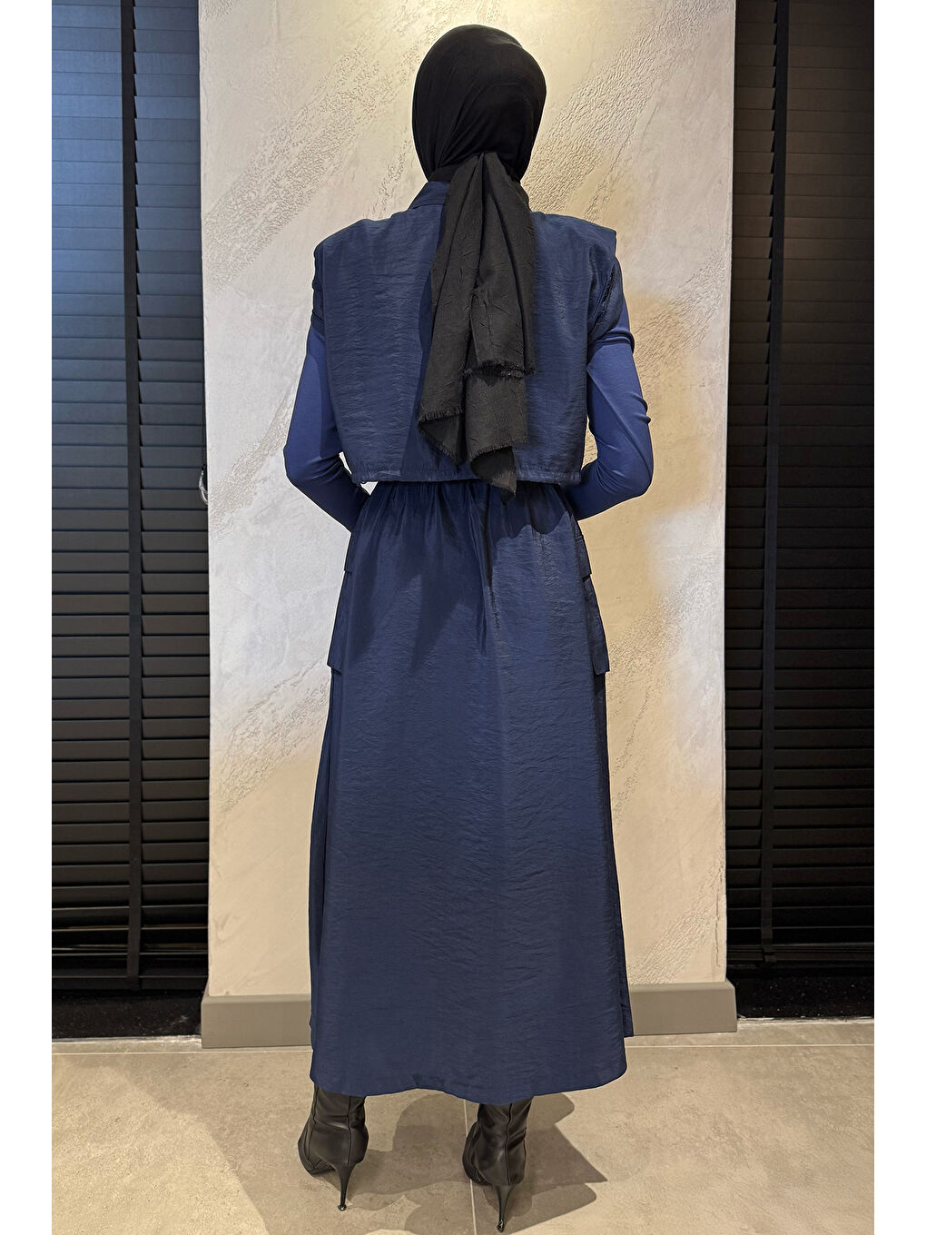 Lacivert Çıtçıtlı Kargo Cepli Paraşüt Kumaş Elbise Yelek Tesettür İkili Takım-7