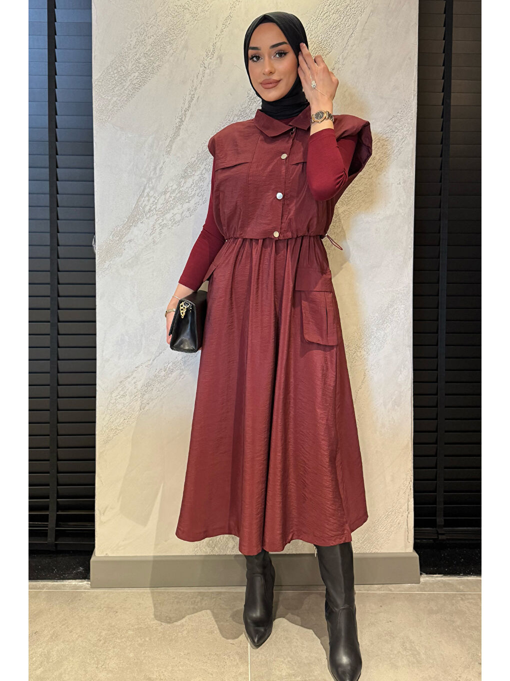 Bordo Çıtçıtlı Kargo Cepli Paraşüt Kumaş Elbise Yelek Tesettür İkili Takım-3