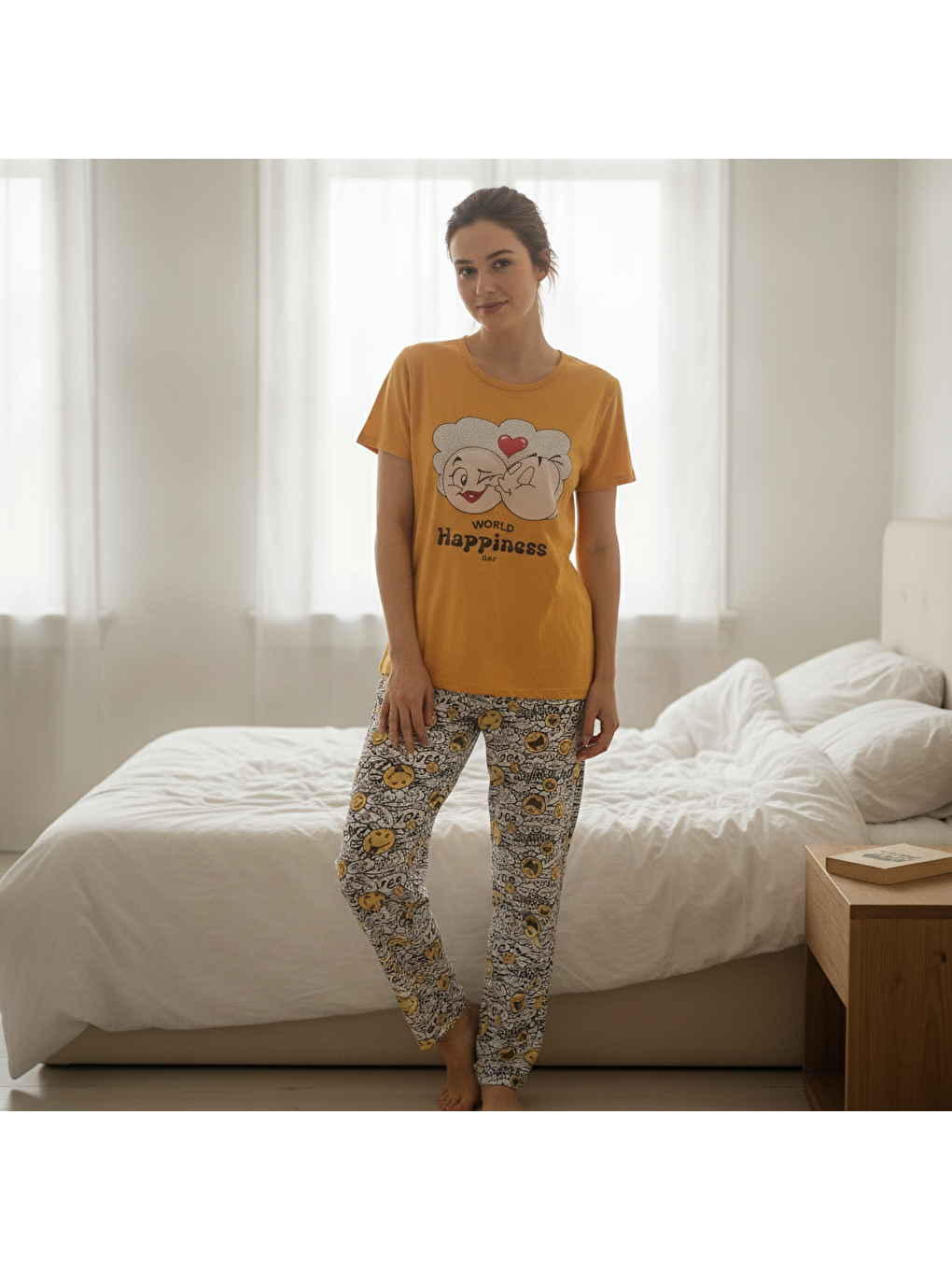 Karışık Kadın Giyim Kısa Kollu Baskılı Pijama Takımı Bb2664-1