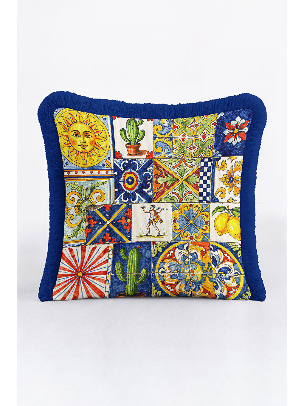 Karışık Akdeniz Seramik Motifli Saçaklı Yastık Kılıfı - Sicilya Stil Canlı Bohem Mavi Püsküllü Kırlent Kılıf-4