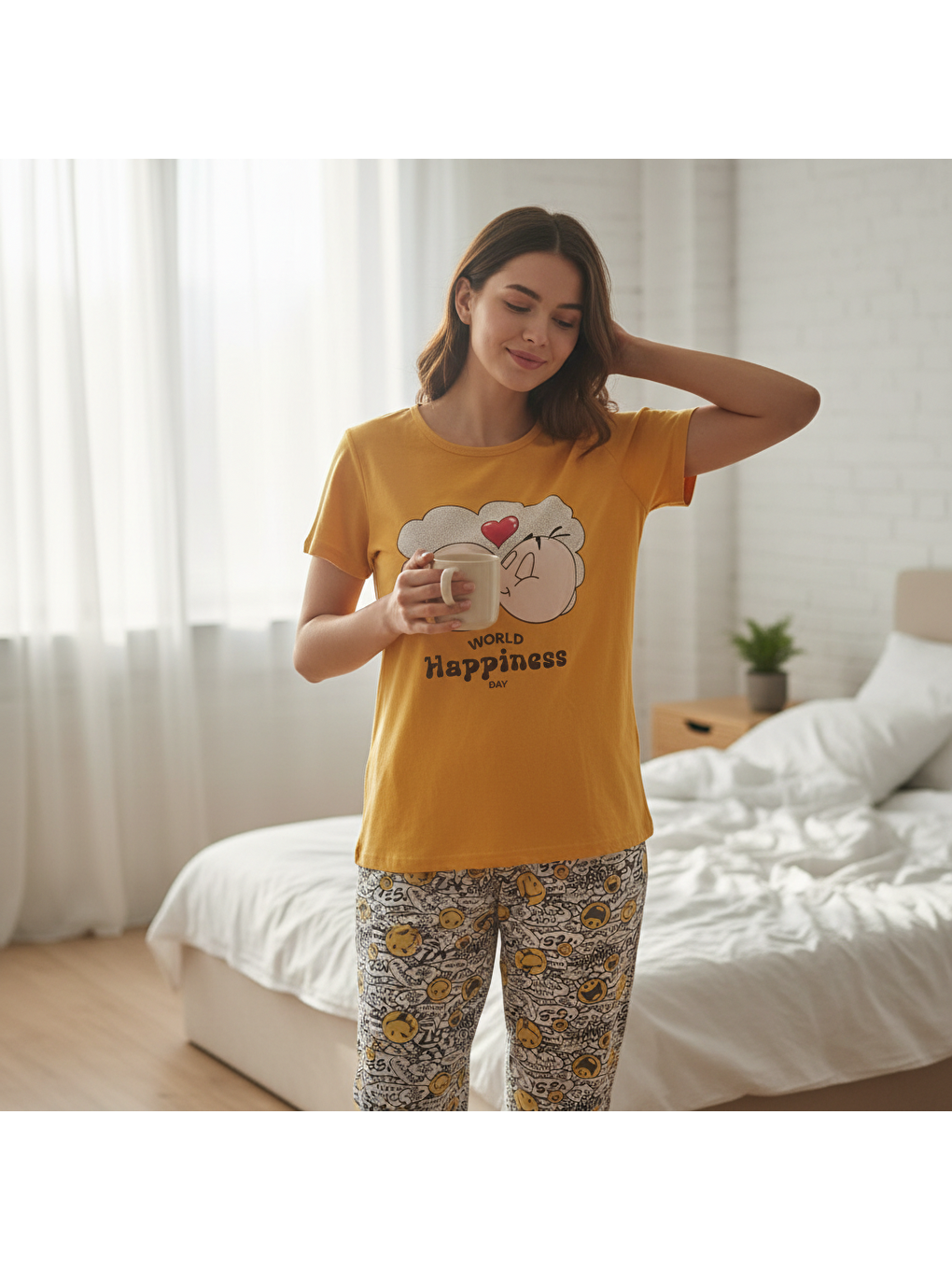 Karışık Kadın Giyim Kısa Kollu Baskılı Pijama Takımı Bb2664-2