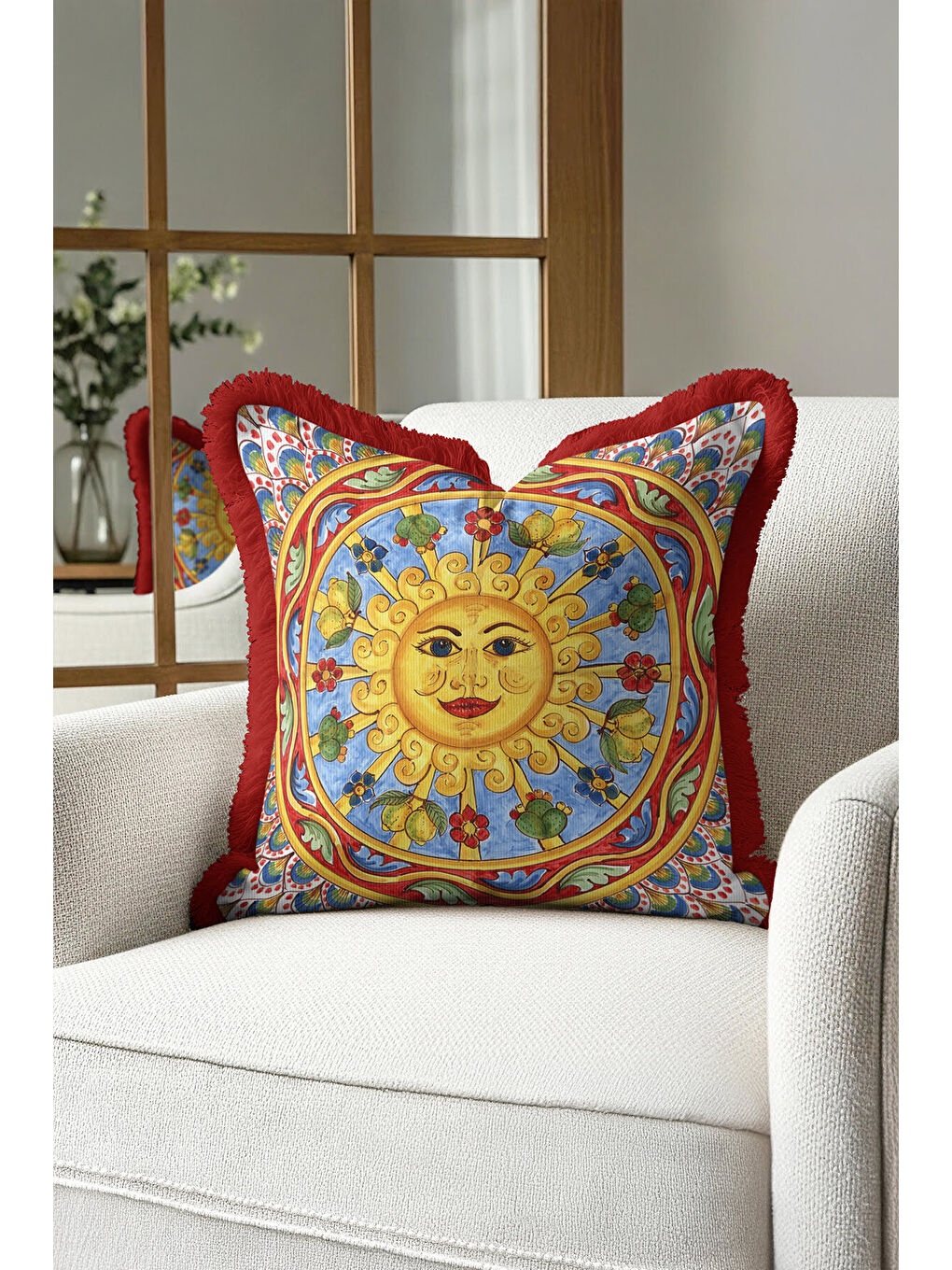 Karışık Barok İtalyan Saçaklı Yastık Kılıfı - Güneş Motifli Akdeniz Bohem Kırmızı Püsküllü Kırlent Kılıfı-4