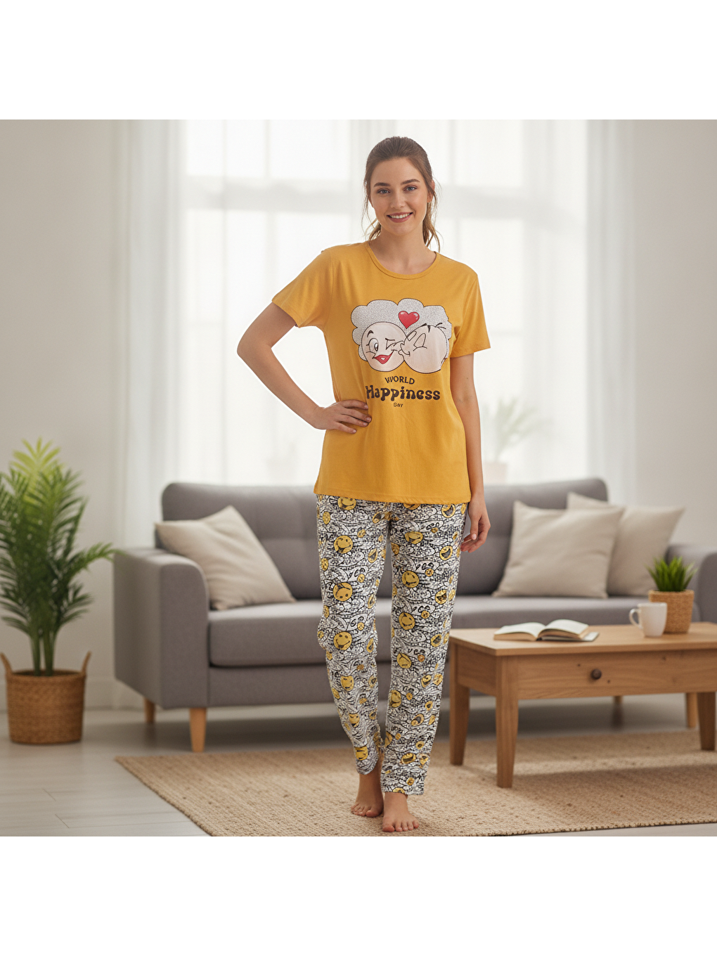 Karışık Kadın Giyim Kısa Kollu Baskılı Pijama Takımı Bb2664-3