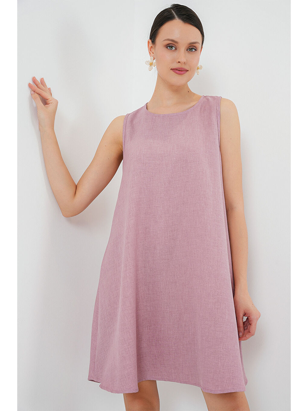 2444 Mini Keten Elbise - Pembe