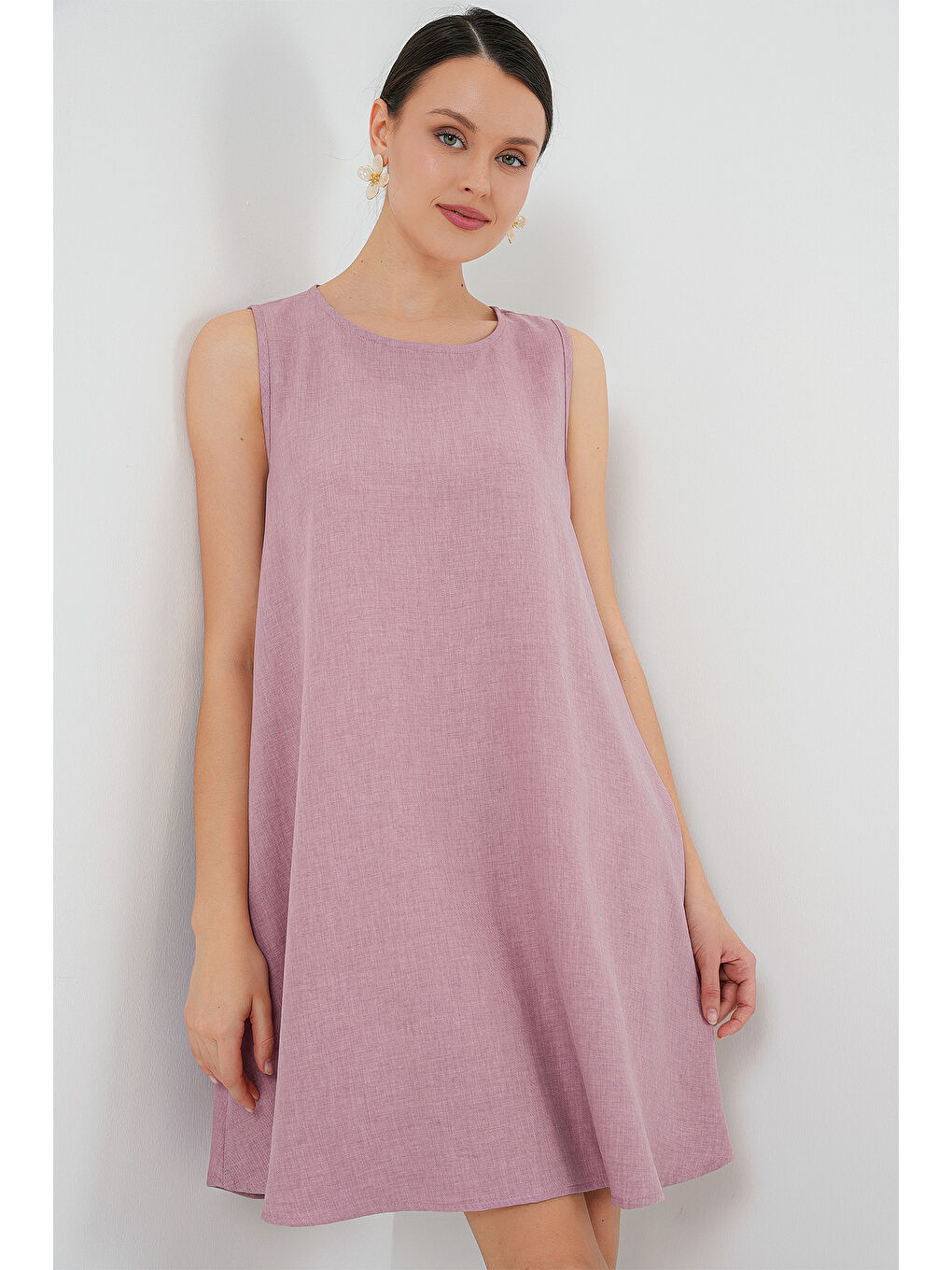 2444 Mini Keten Elbise - Pembe-1