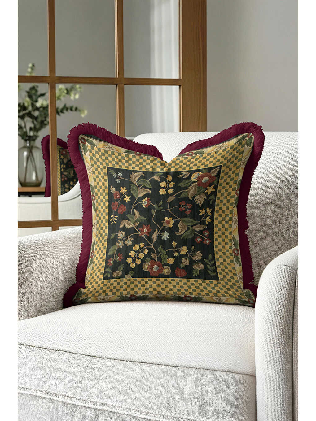 Karışık Vintage Çiçekli Saçaklı Yastık Kılıfı - Zarif Klasik Rustik Altın Renk Bordo Püsküllü Kırlent Kılıfı-2