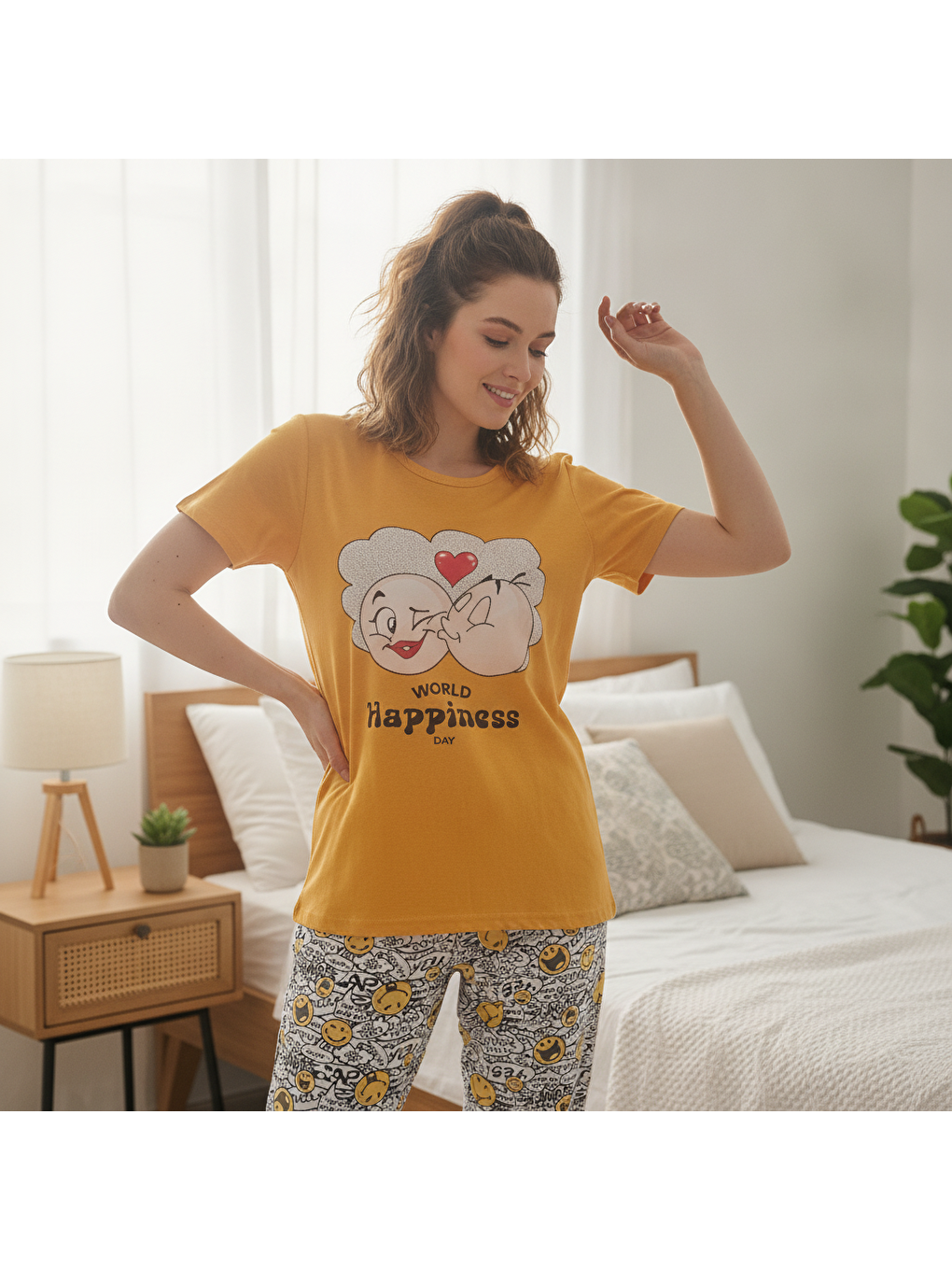 Karışık Kadın Giyim Kısa Kollu Baskılı Pijama Takımı Bb2664-5