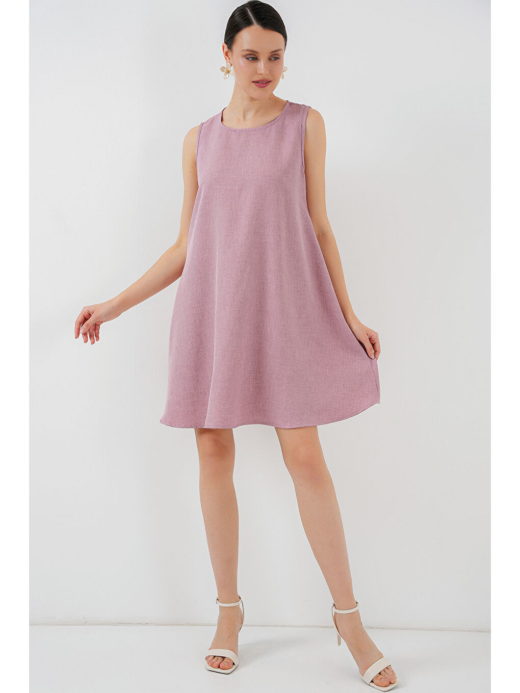 2444 Mini Keten Elbise - Pembe-2