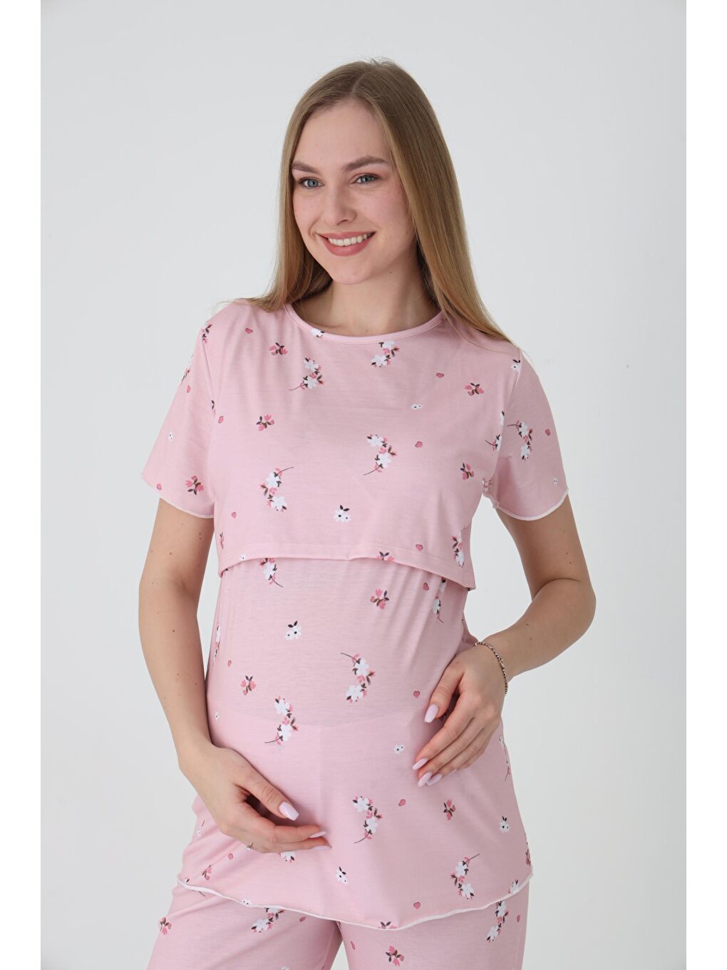 Pembe Pudra Emzirmeye Uygun Kısa Kol Ayarlanabilir Bel Lastikli Baskılı Hamile ve Lohusa Pijama Takımı-3