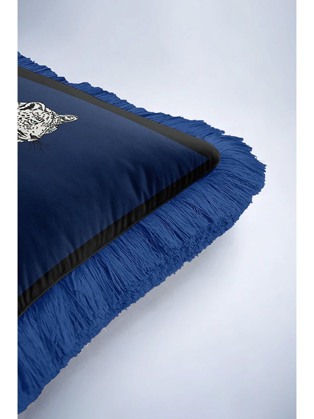 Karışık Leopar Figürlü Saçaklı Yastık Kılıfı - Lüks Vahşi Bohem Lacivert Püsküllü Kırlent Kılıfı-6