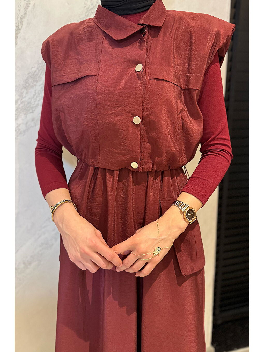 Bordo Çıtçıtlı Kargo Cepli Paraşüt Kumaş Elbise Yelek Tesettür İkili Takım-4