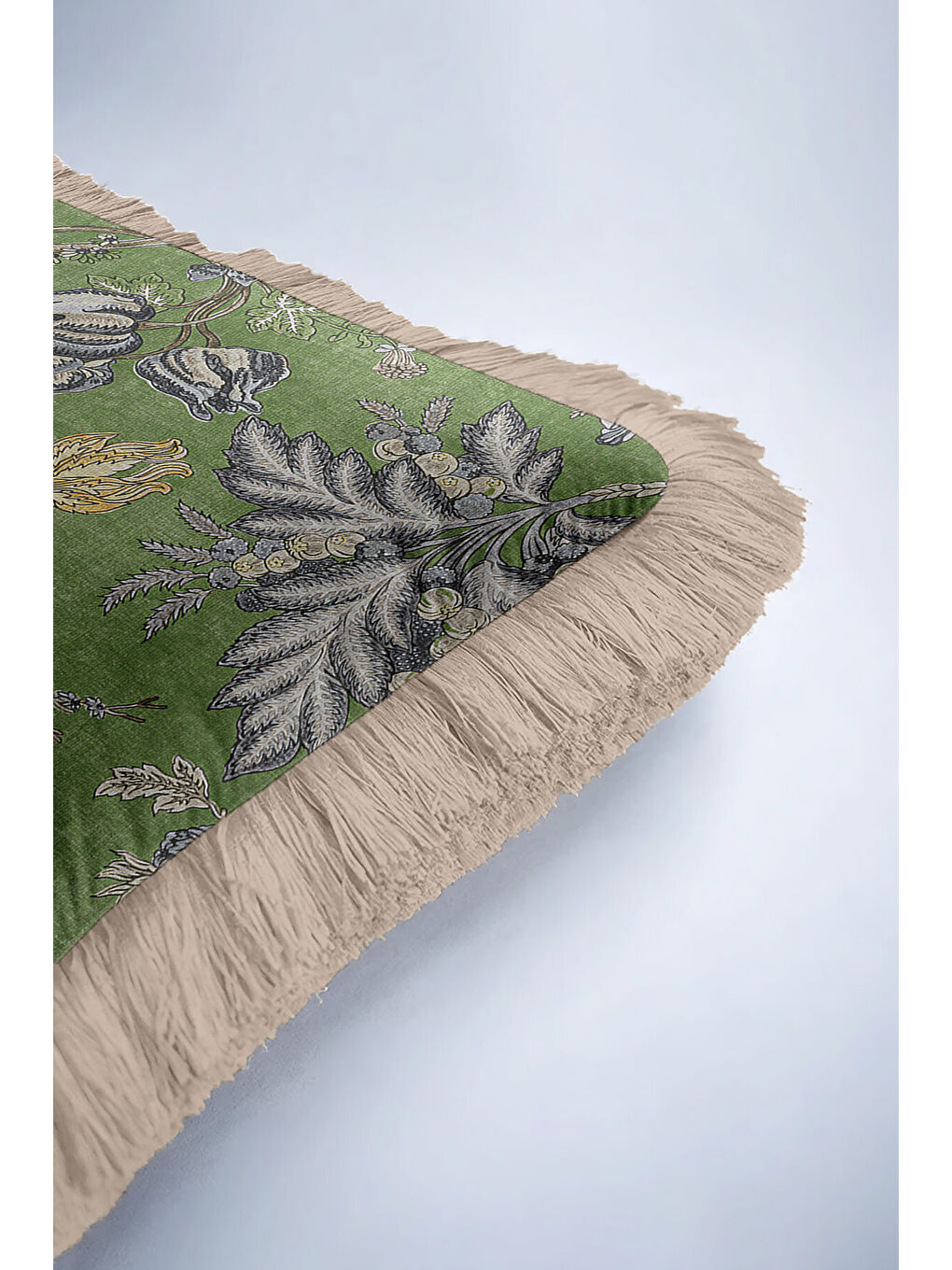 Karışık Botanik Lüks Saçaklı Yastık Kılıfı - Doğa Esintili Klasik Yeşil Bej Püsküllü Kırlent Kılıfı-6