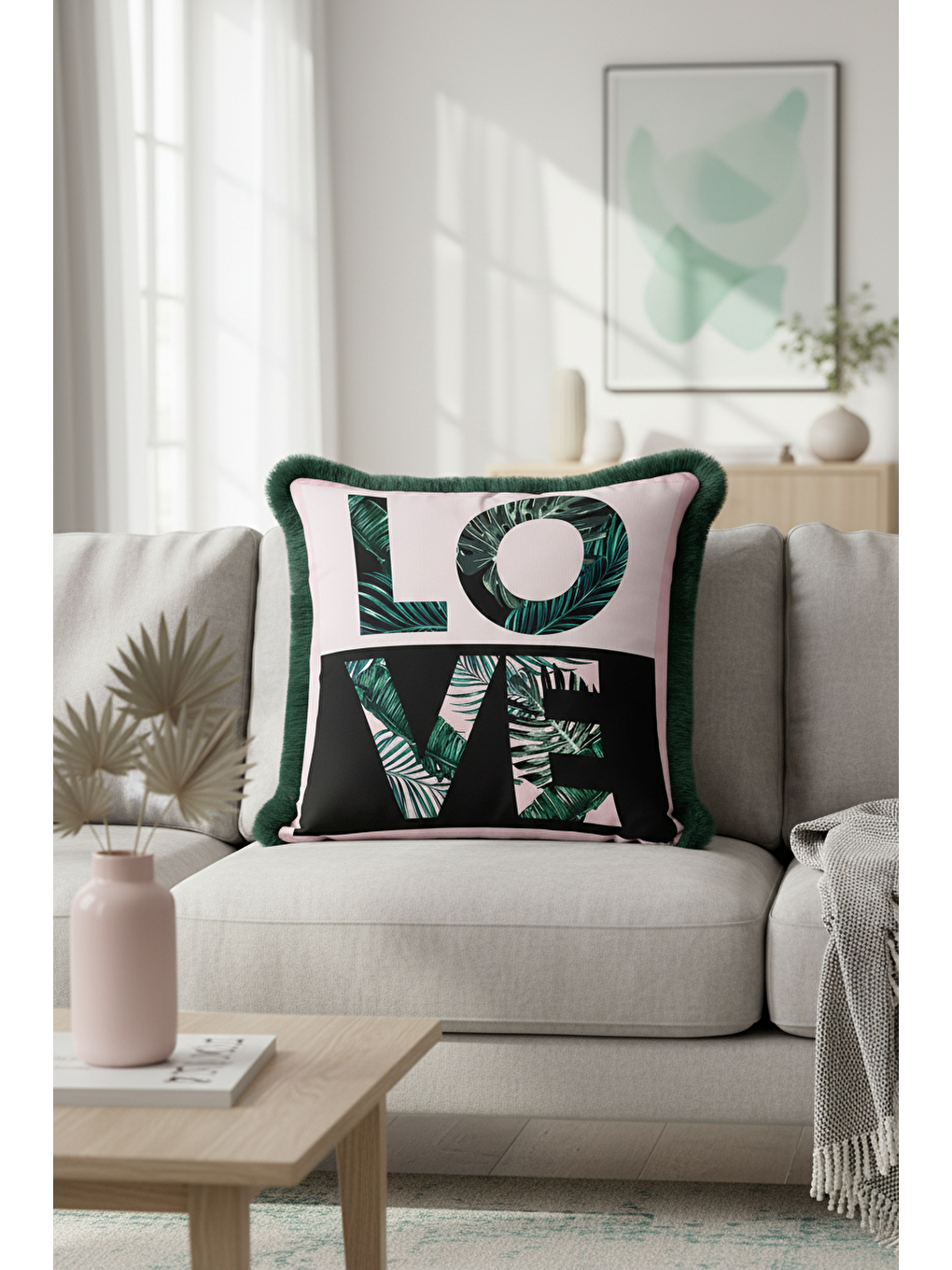 Karışık Tropikal Yaprak Motifli Saçaklı Yastık Kılıfı - Modern Jungle Yeşil Pembe Püsküllü Kırlent Kılıfı