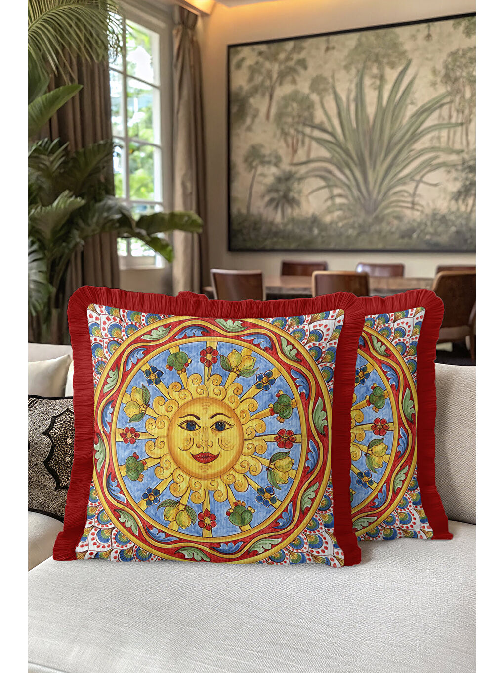 Karışık Barok İtalyan Saçaklı Yastık Kılıfı - Güneş Motifli Akdeniz Bohem Kırmızı Püsküllü Kırlent Kılıfı-5