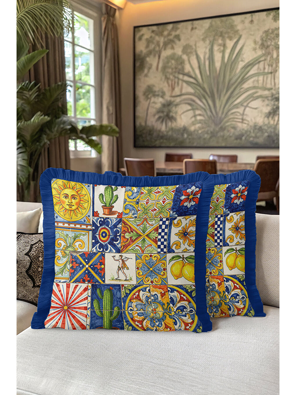 Karışık Akdeniz Seramik Motifli Saçaklı Yastık Kılıfı - Sicilya Stil Canlı Bohem Mavi Püsküllü Kırlent Kılıf-5