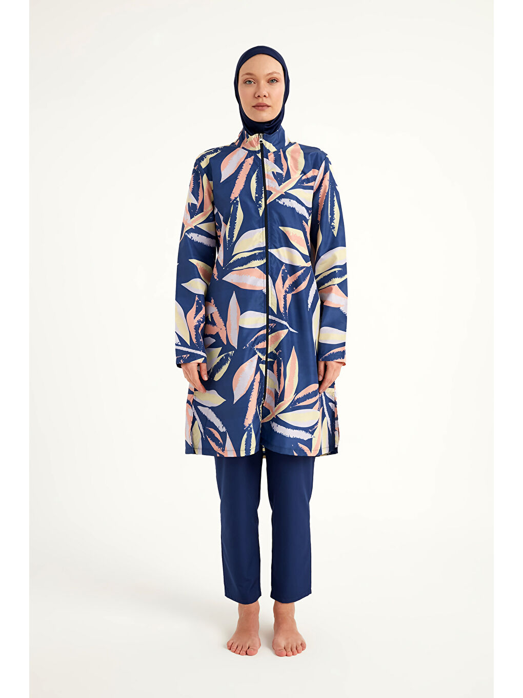 Lacivert Tam Kapalı Tesettür Mayo Plaj Çantalı 4 Parça Set R2508-4