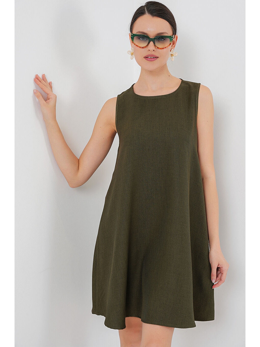 2444 Mini Keten Elbise - Haki