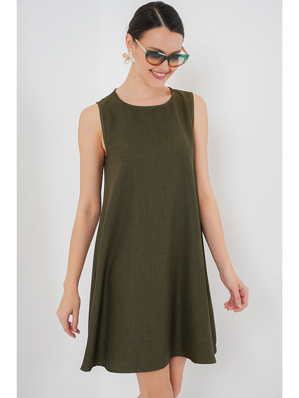 2444 Mini Keten Elbise - Haki-1