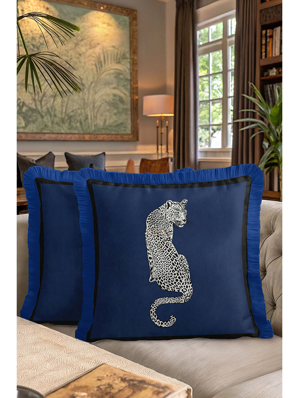 Karışık Leopar Figürlü Saçaklı Yastık Kılıfı - Lüks Vahşi Bohem Lacivert Püsküllü Kırlent Kılıfı-7