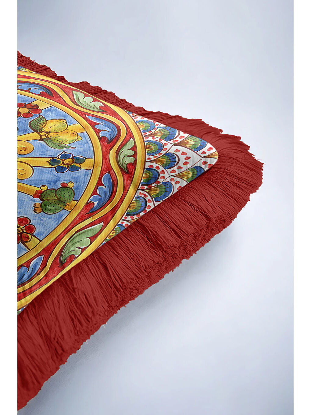 Karışık Barok İtalyan Saçaklı Yastık Kılıfı - Güneş Motifli Akdeniz Bohem Kırmızı Püsküllü Kırlent Kılıfı-6