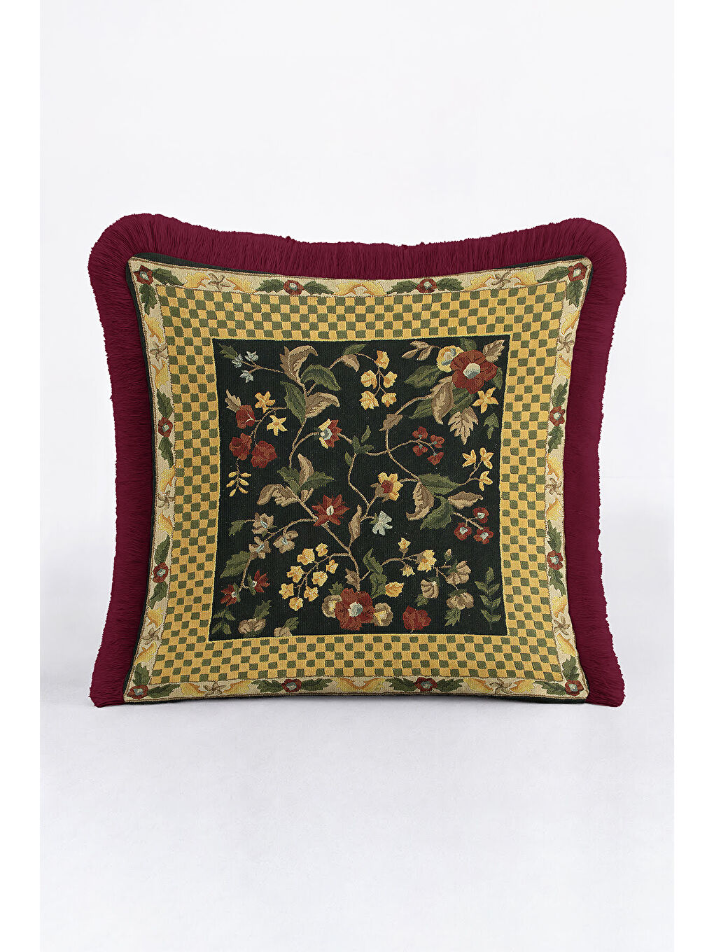 Karışık Vintage Çiçekli Saçaklı Yastık Kılıfı - Zarif Klasik Rustik Altın Renk Bordo Püsküllü Kırlent Kılıfı-3