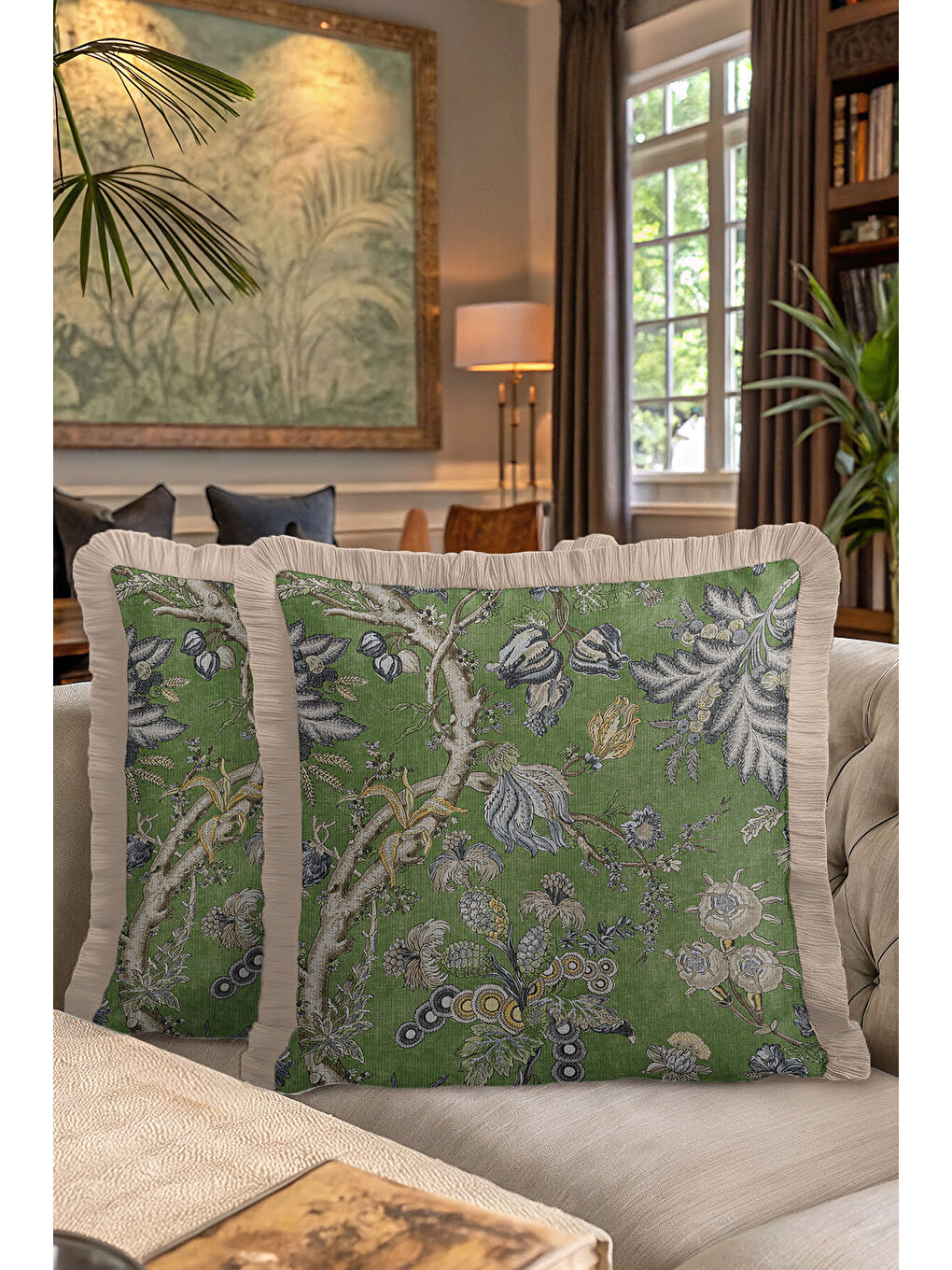 Karışık Botanik Lüks Saçaklı Yastık Kılıfı - Doğa Esintili Klasik Yeşil Bej Püsküllü Kırlent Kılıfı-7