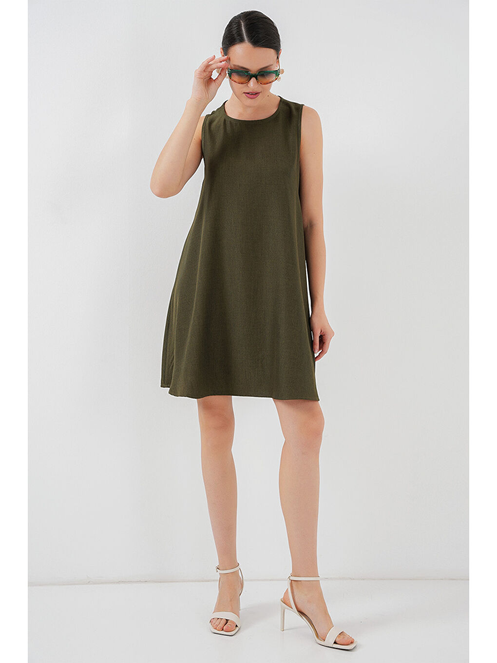 2444 Mini Keten Elbise - Haki-2