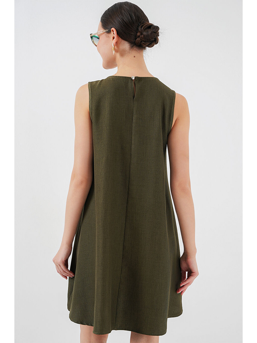 2444 Mini Keten Elbise - Haki-4