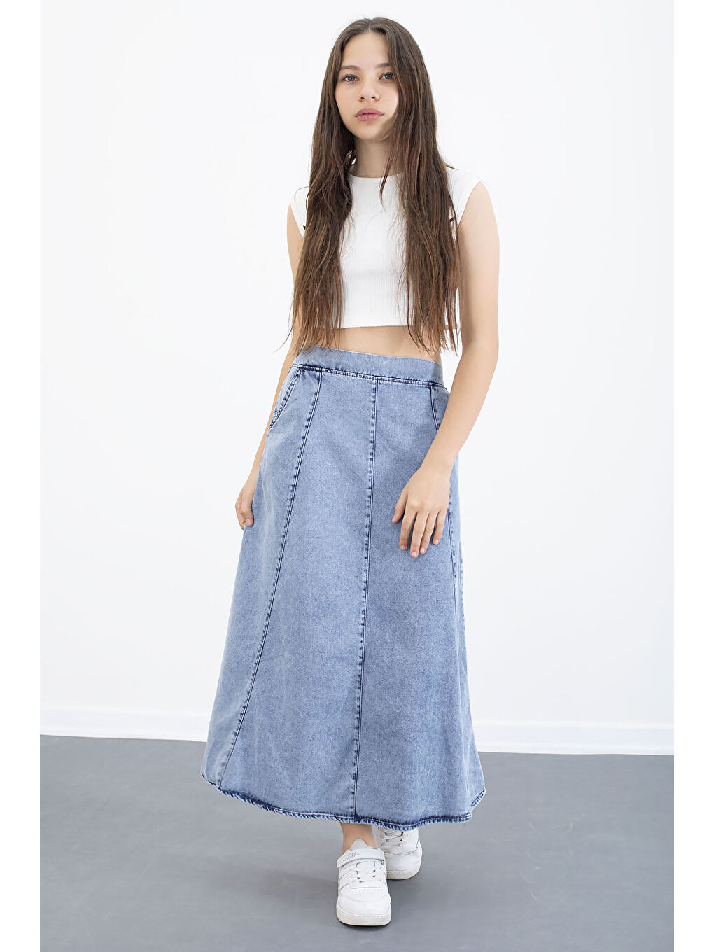 Mavi Beli Lastikli Uzun Kesim Kız Çocuk Jean Etek 20558