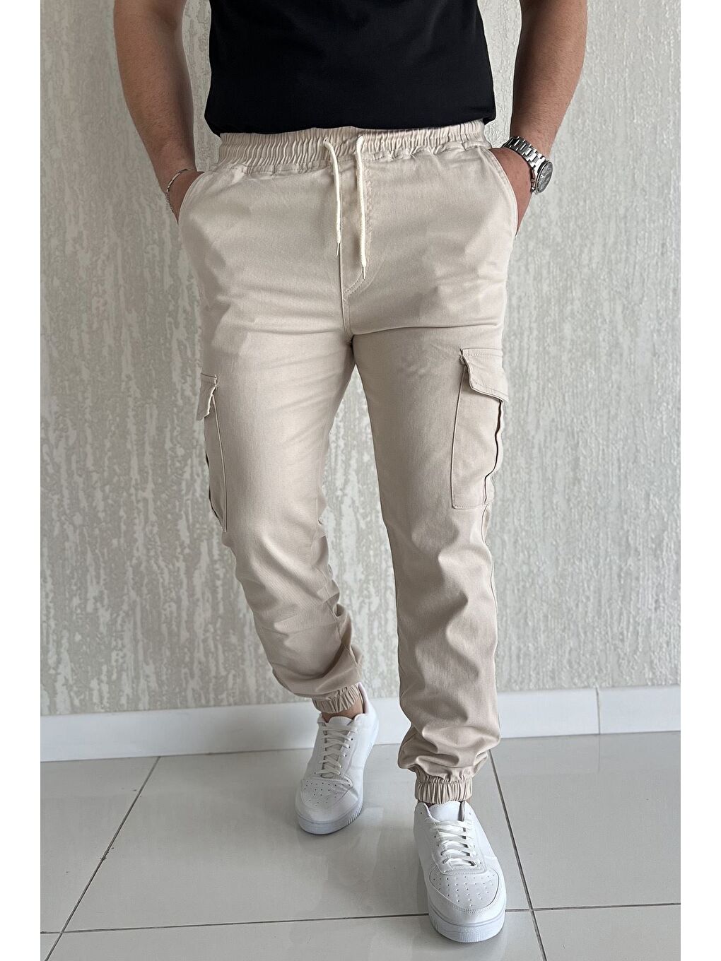 Bej Bel Ve Paça Lastikli Kargo Cep Gabardin Erkek Pantolon