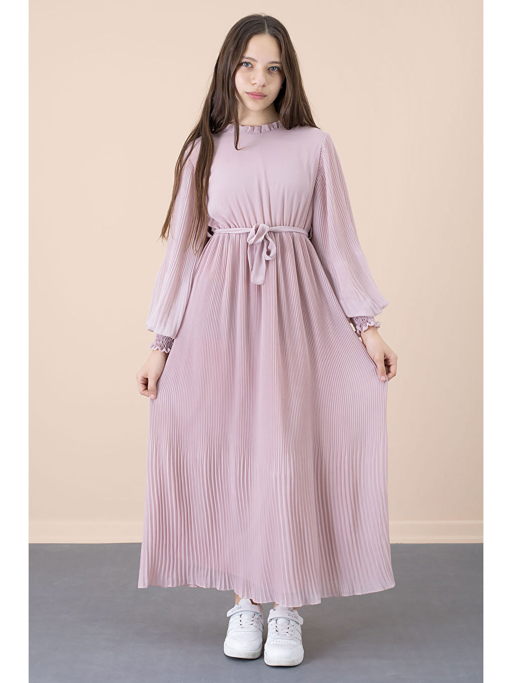 Pembe Pudra Yakası Fırfırlı Kuşaklı Kız Çocuk Piliseli Şifon Elbise 20561-2