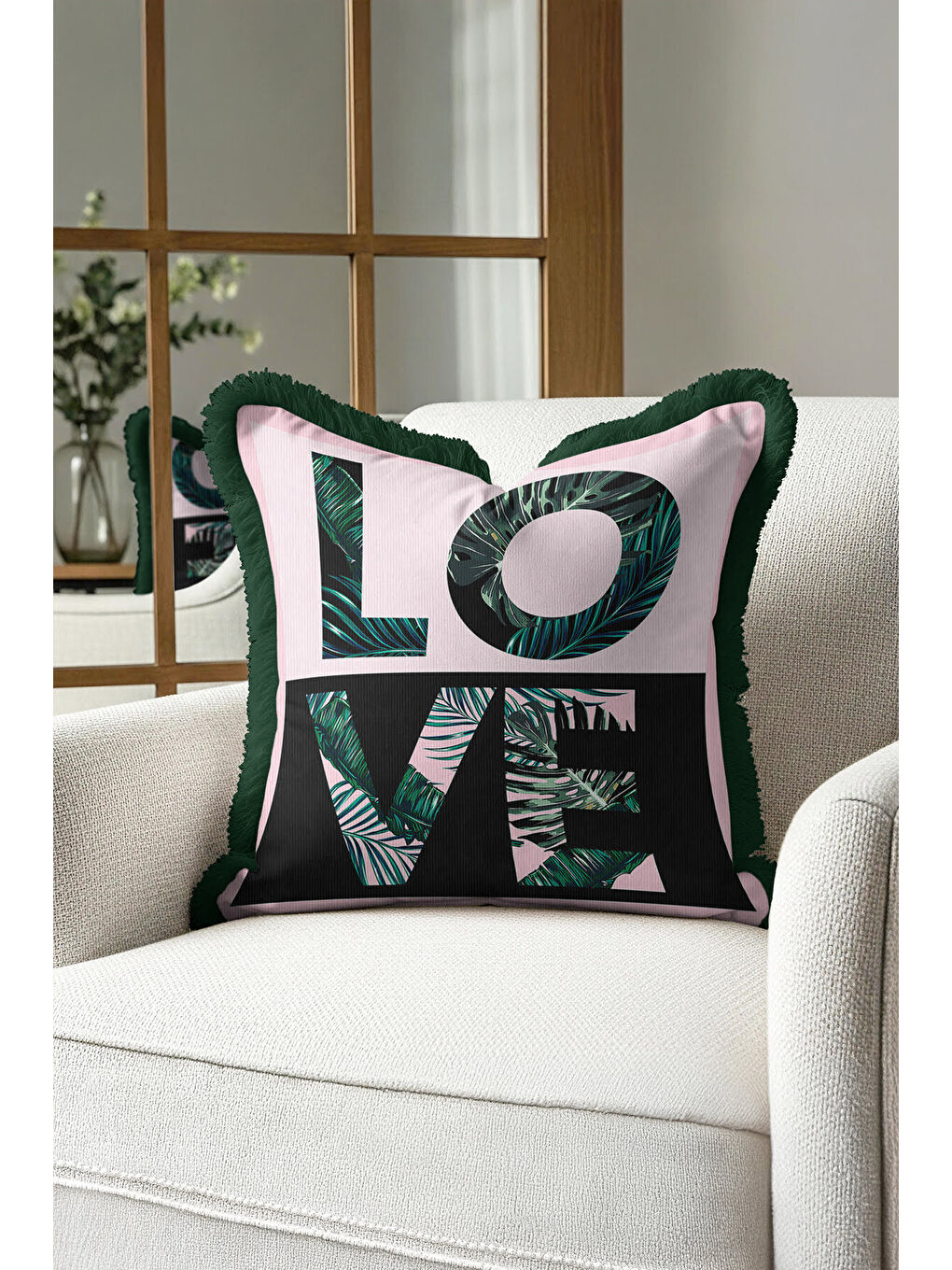 Karışık Tropikal Yaprak Motifli Saçaklı Yastık Kılıfı - Modern Jungle Yeşil Pembe Püsküllü Kırlent Kılıfı-1