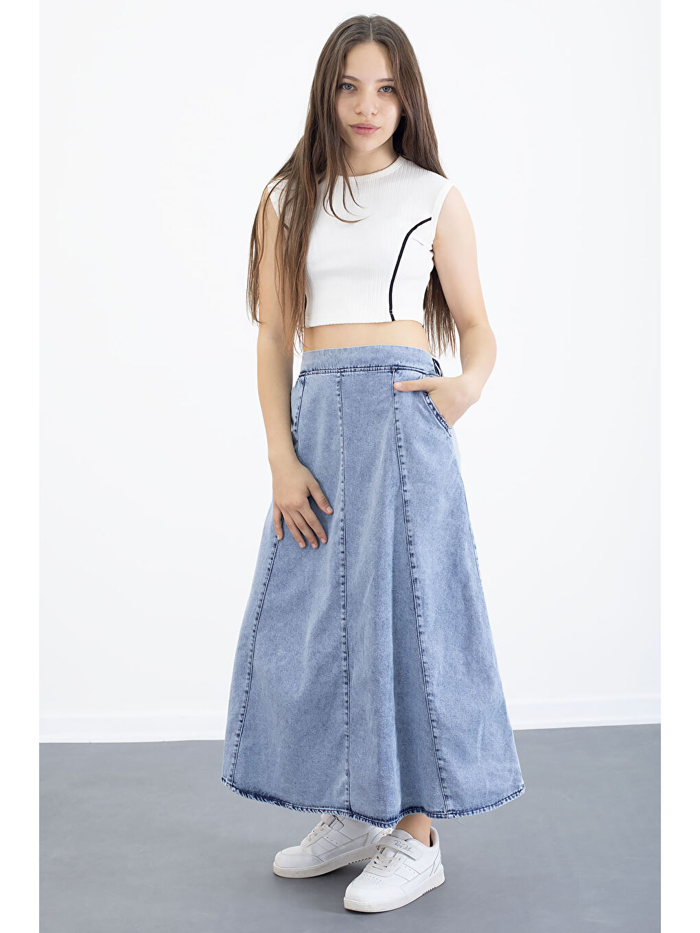 Mavi Beli Lastikli Uzun Kesim Kız Çocuk Jean Etek 20558-1