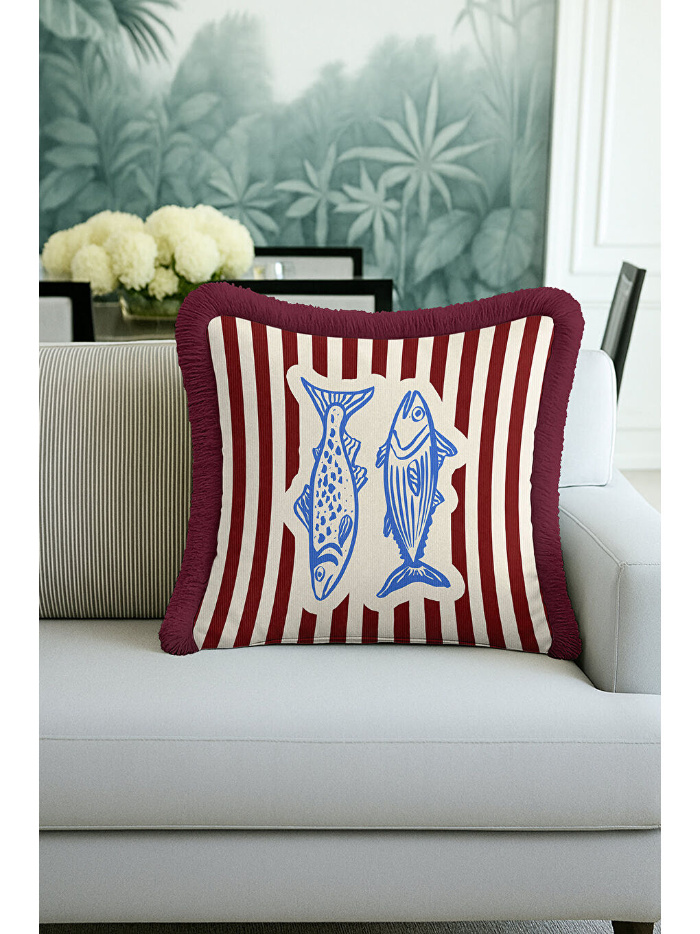 Karışık Marin Çizgili Saçaklı Yastık Kılıfı - Retro Deniz Temalı Mavi Bordo Püsküllü Kırlent Kılıfı