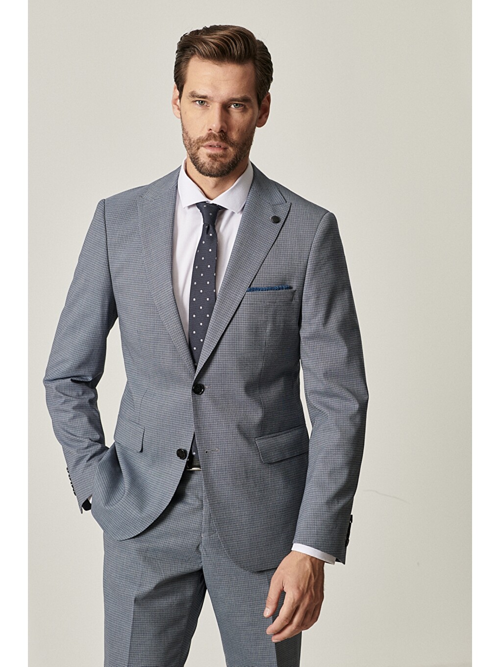 Erkek Mavi-gri Slim Fit Pötikare Desenli Yünlü Su Geçirmez Nano Takım Elbise-2