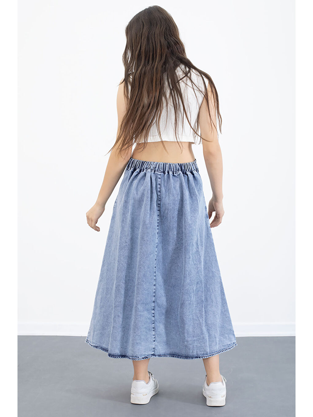 Mavi Beli Lastikli Uzun Kesim Kız Çocuk Jean Etek 20558-2