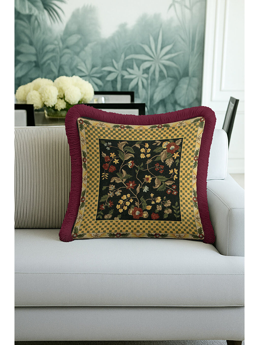 Karışık Vintage Çiçekli Saçaklı Yastık Kılıfı - Zarif Klasik Rustik Altın Renk Bordo Püsküllü Kırlent Kılıfı-4