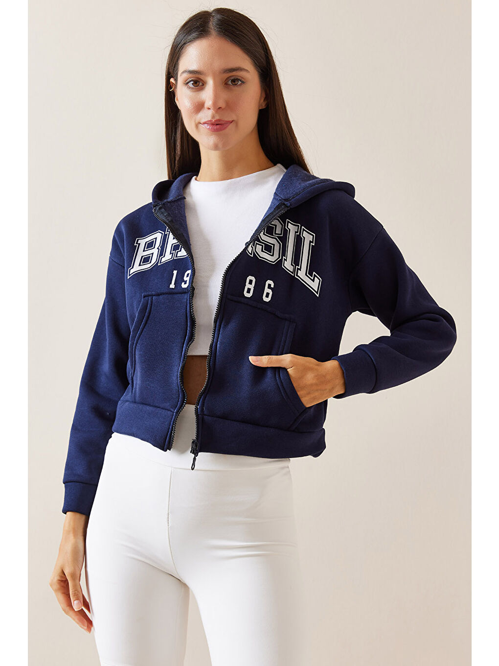 XHAN Lacivert Kapüşonlu   Baskılı Sweatshirt 5YXK8 48911 14