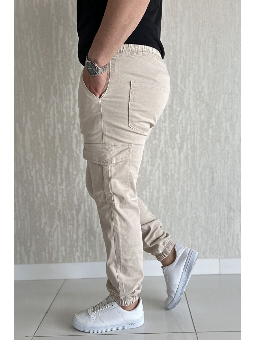 Bej Bel Ve Paça Lastikli Kargo Cep Gabardin Erkek Pantolon-1