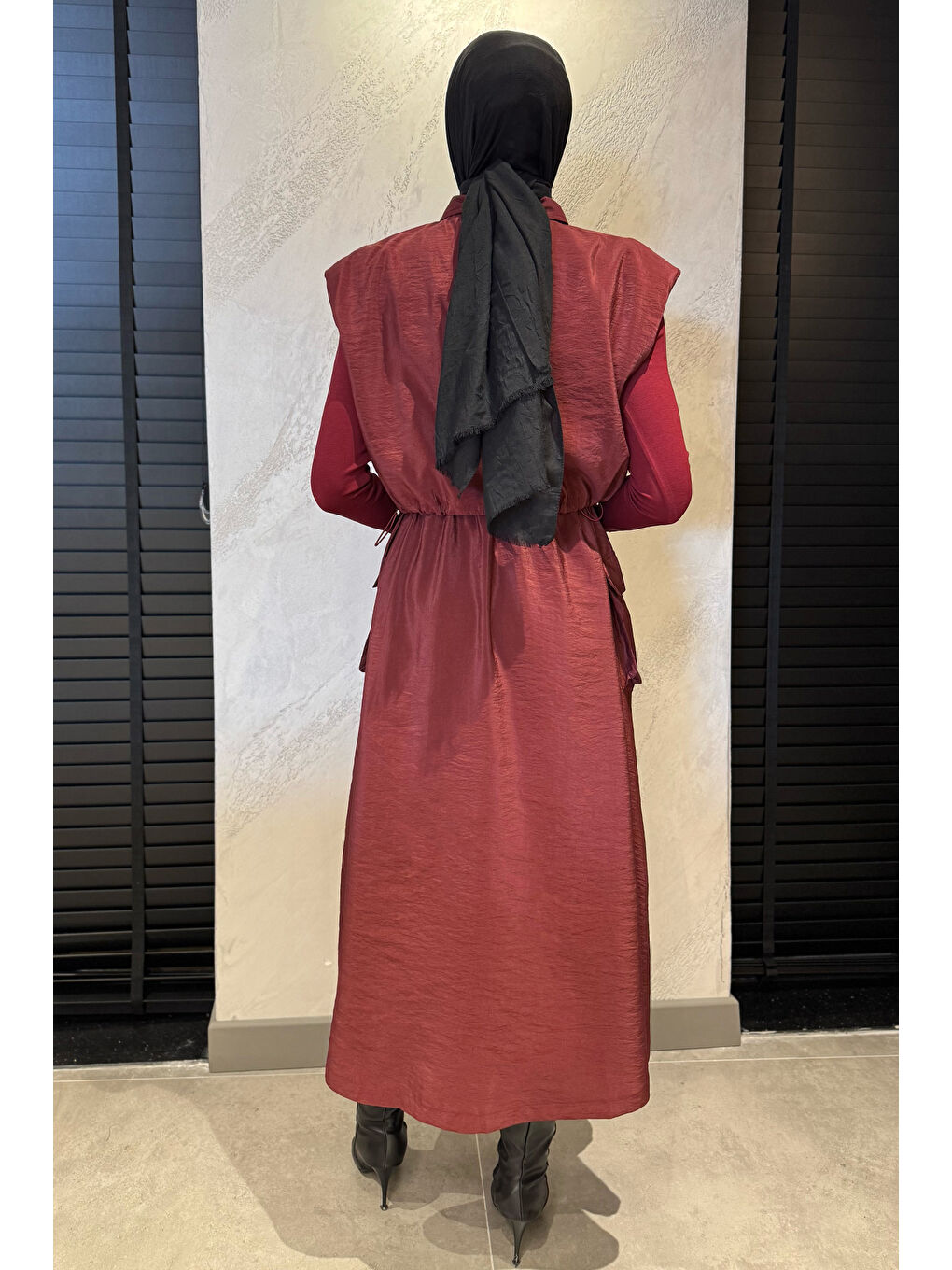 Bordo Çıtçıtlı Kargo Cepli Paraşüt Kumaş Elbise Yelek Tesettür İkili Takım-7
