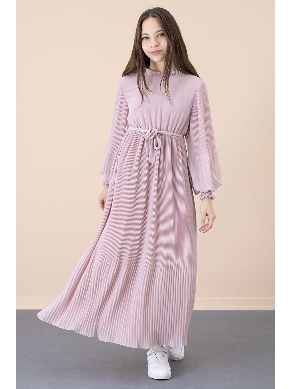 Pembe Pudra Yakası Fırfırlı Kuşaklı Kız Çocuk Piliseli Şifon Elbise 20561-4