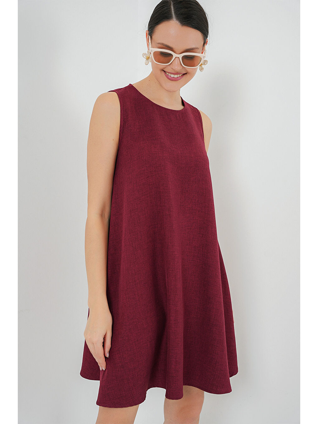 2444 Mini Keten Elbise - Bordo-1