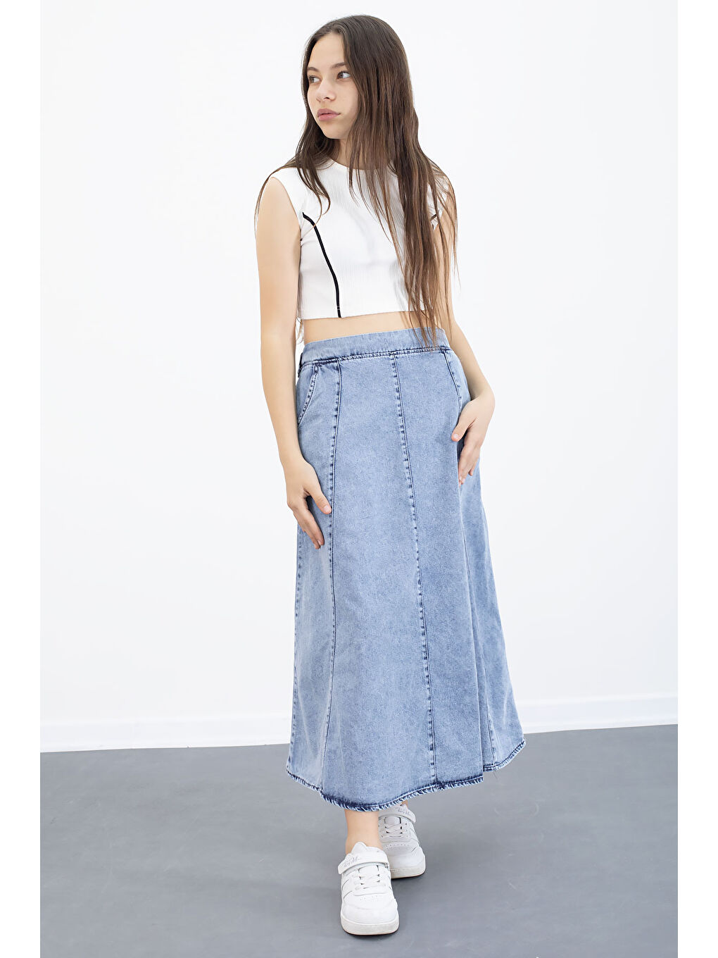 Mavi Beli Lastikli Uzun Kesim Kız Çocuk Jean Etek 20558-3