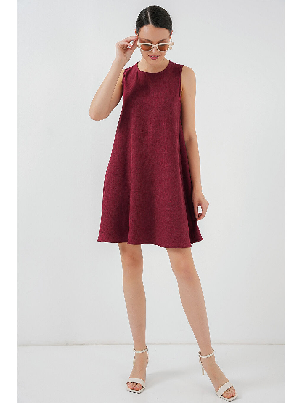 2444 Mini Keten Elbise - Bordo-2