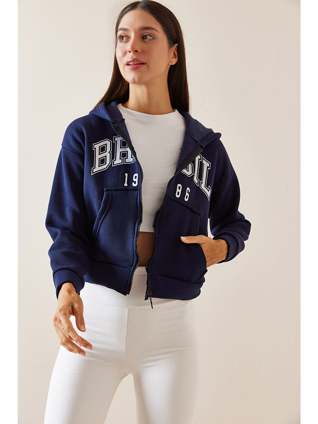 XHAN Lacivert Kapüşonlu   Baskılı Sweatshirt 5YXK8 48911 14 - 1