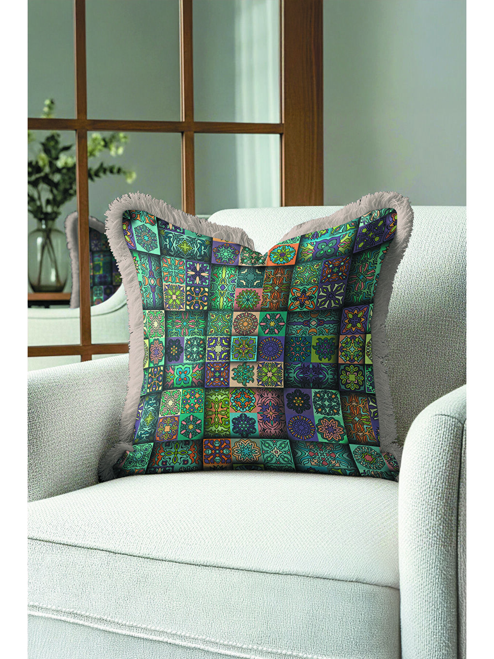 Karışık Etnik Motifli Saçaklı Yastık Kılıfı - Mozaik Bohem Yeşil Mavi Gri Püsküllü Kırlent Kılıfı-1