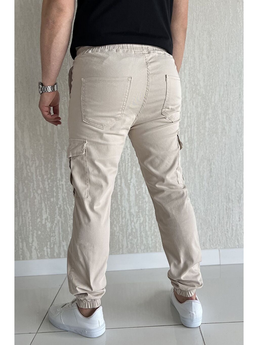 Bej Bel Ve Paça Lastikli Kargo Cep Gabardin Erkek Pantolon-2