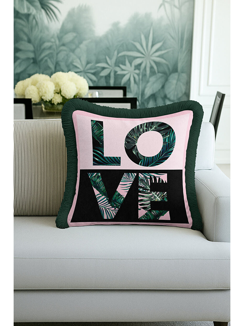 Karışık Tropikal Yaprak Motifli Saçaklı Yastık Kılıfı - Modern Jungle Yeşil Pembe Püsküllü Kırlent Kılıfı-2